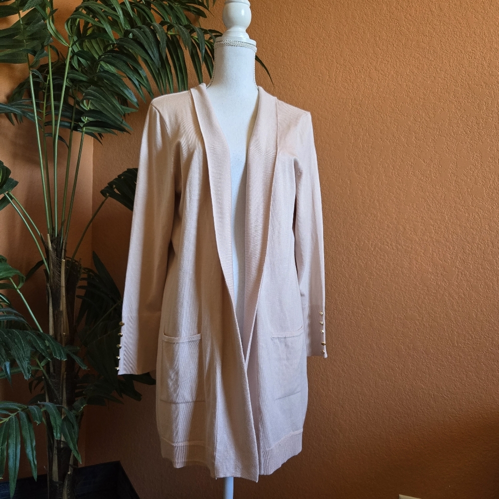 NWT JM Collection Sweater Long Open Front Cardigan Button Sleeve XL Pink Nude